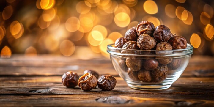 Close-up shot of raw soapnut and its solution in a glass bowl on brown wooden surface with blurred bokeh background