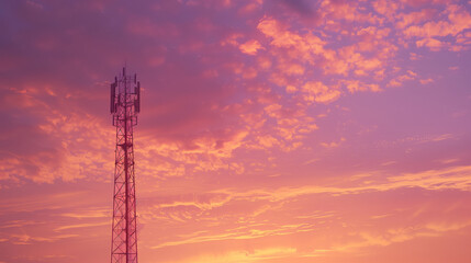 Telecommunication cell tower against a vibrant sunset sky, symbolizing modern communication technology