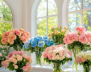 Fototapeta premium A vibrant arrangement of colorful flowers in elegant vases, brightening up a sunny room with natural light and freshness.