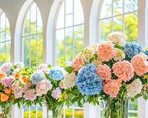 A vibrant arrangement of pastel flowers in a sunlit room with elegant arches and lush greenery.