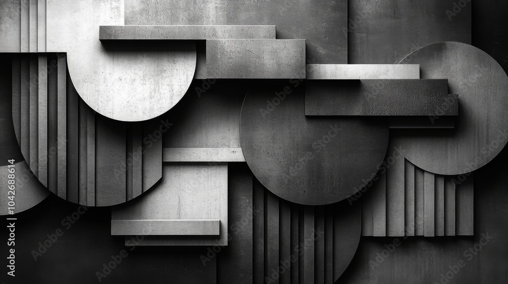 Poster layered concrete shapes in varying shades of gray and black create an abstract geometric design, sho