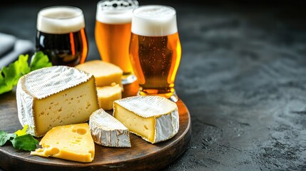 Delicious assortment of cheese paired with craft beer, perfect for a gourmet snack or party platter.