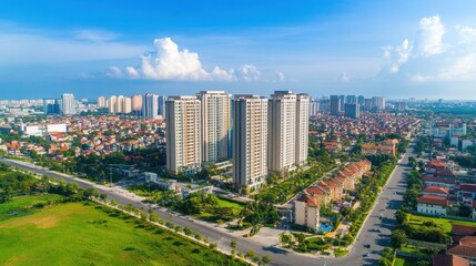 Naklejka premium An aerial view of a modern city skyline with high-rise buildings, residential houses, and green spaces.
