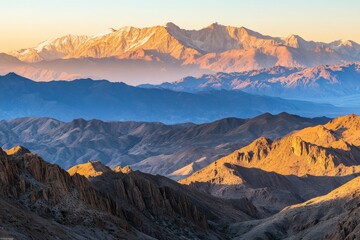 Fototapeta premium Layers of mountains in shades of blue, brown, and gold at sunset with snow-capped peak in the background.