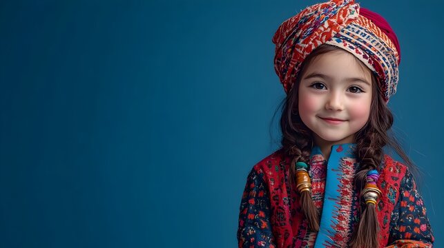 Portrait of a mischievous young Nepali girl dressed in a traditional cholo and gunyu costume smiling playfully against a plain midnight blue studio background