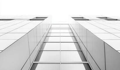 Fototapeta premium Low angle view of a modern building with large glass windows against a white sky.