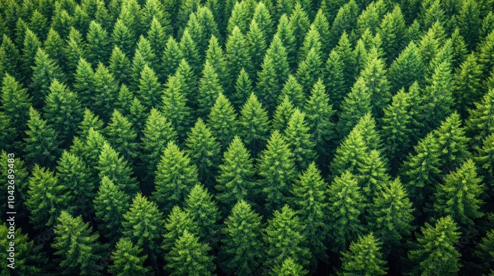 Poster an aerial view of a dense forest of evergreen trees, creating a symmetrical and verdant pattern.