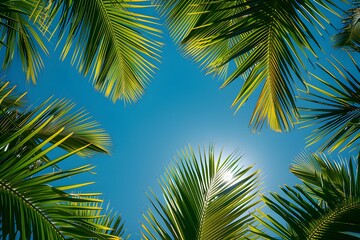 The sun shines through the leaves of palm trees