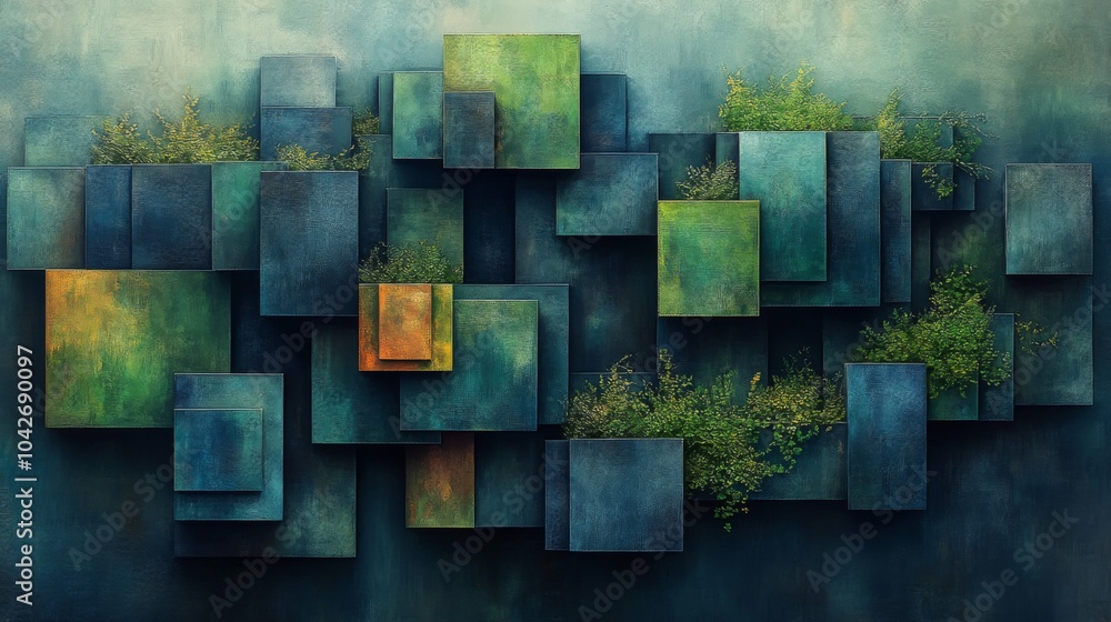 Poster an abstract arrangement of geometric shapes with a blend of dark colors and vibrant greens, showcasi