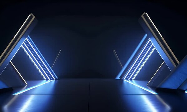 3D render of a dark background with glowing blue lines and light rays, a modern minimalistic stage design with geometric shapes and lights for product presentation, with black empty space around.


