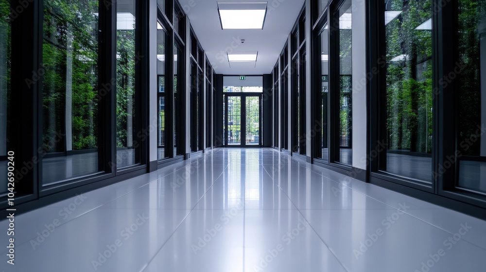Poster exploring the mysterious depths of a dark corridor with tall windows in an empty studio setting