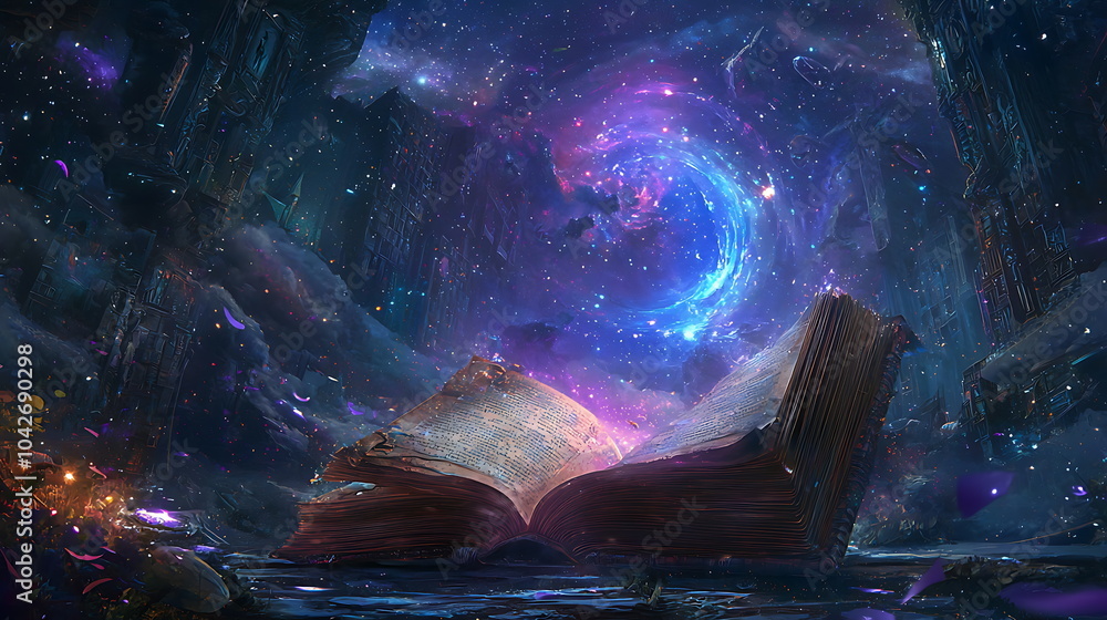 Aufkleber An enchanted journey through the cosmos an open book unveiling mystical secrets in a vibrant galaxy of colorful wonders