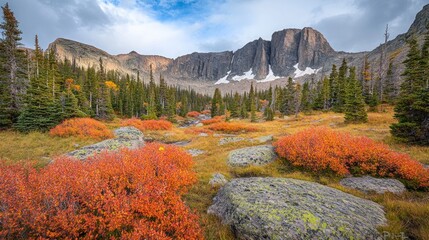 A serene mountain valley with vibrant fall foliage and snow-capped peaks.