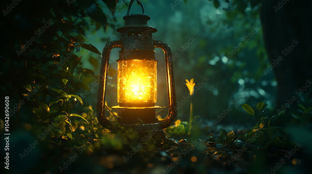Poster rustic lantern illuminates a lush green sanctuary creating a tranquil atmosphere in nature's embrace