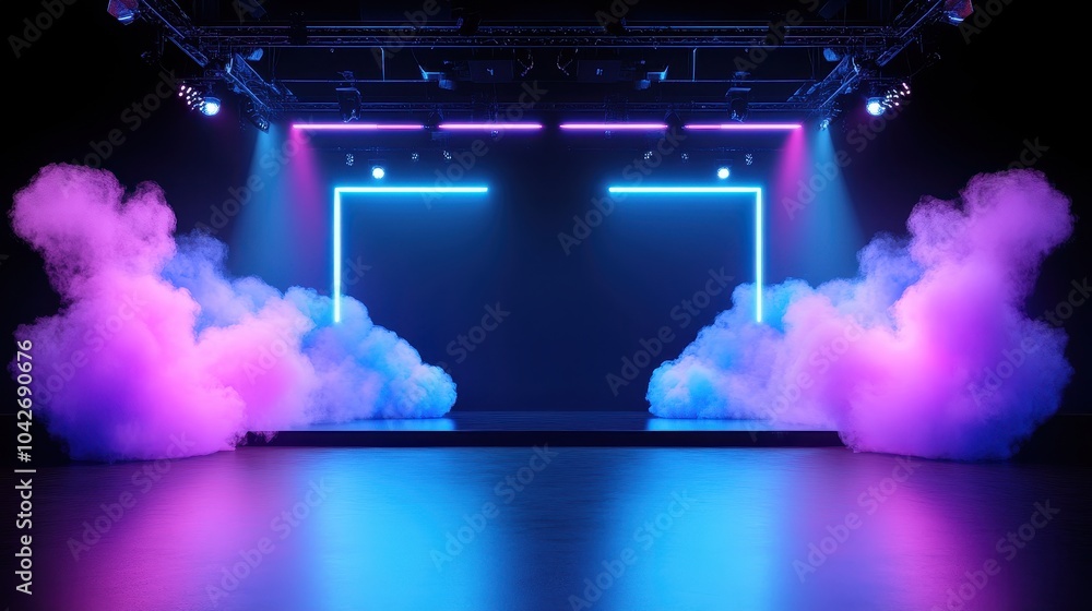 Poster illuminated empty stage with spotlight and colorful light effects creating a dramatic background for