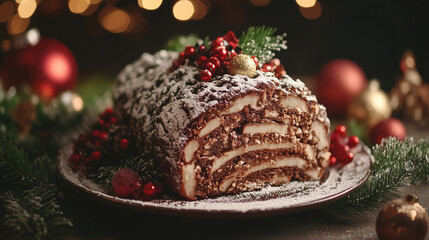 Delicious layered chocolate dessert log garnished with berries and festive decorations for Christmas