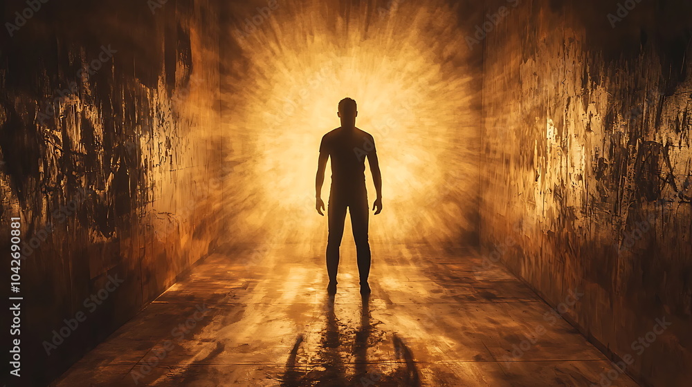 Aufkleber Exploring the mystical journey a silhouette of a man standing in a glowing tunnel of light and shadows