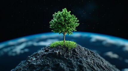 Earth with a tree growing from it symbolism of nature and sustainability vibrant scene high detail clean sharp focus ultra HD photography