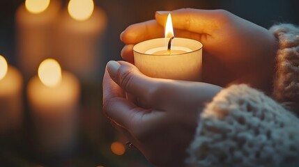 A Serene Moment of Reflection Holding a Candle Amidst Soft Glow of Flickering Lights in a Cozy Setting