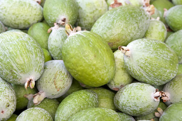 Close up on a pile of fresh ripe Feijoa sellowiana also known as Acca sellowiana Burret or Pineapple Guava.