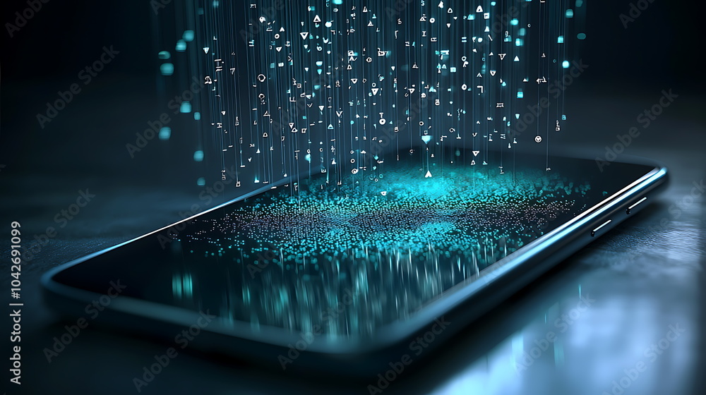 Fototapete Exploring the intersection of technology and data visualization a smartphone surrounded by glowing data particles unveiling digital connectivity