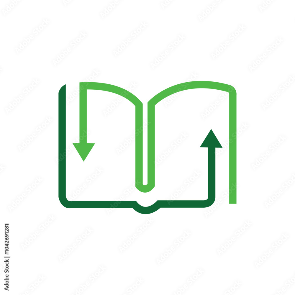 Poster a simple logo of an open book i green made of lines that end with arrowheads