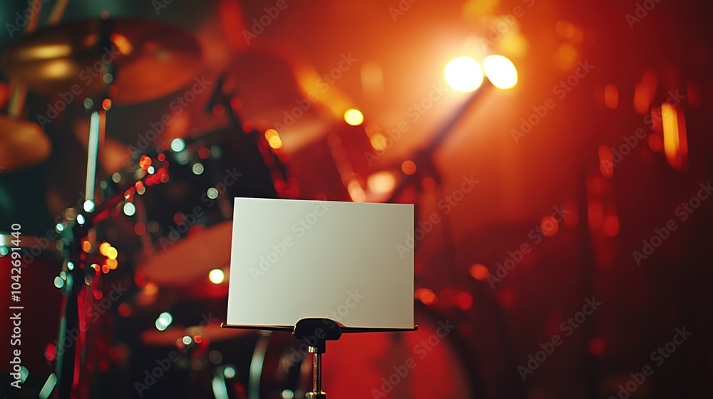 Poster a blurred view of a drum set with a blank music stand in a colorful, illuminated setting.