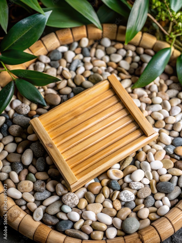 Poster Natural wooden tray surrounded by pebbles.