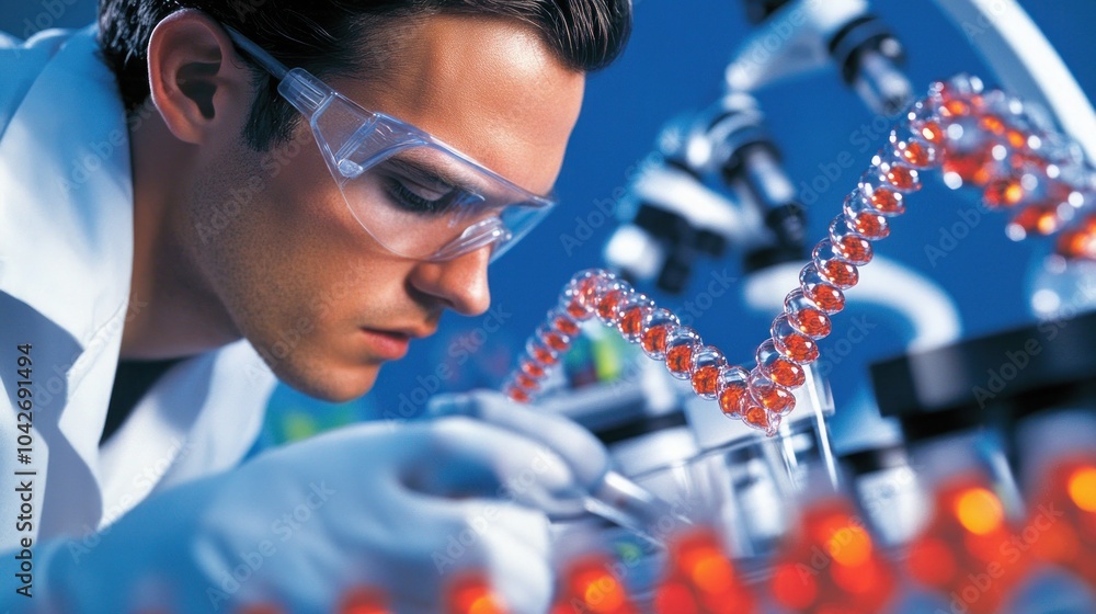 Poster a scientist in a lab coat and protective eyewear, looking intently at a sample through a microscope.