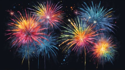 Obraz premium Vibrant watercolor fireworks display in colorful bursts against a black background with copy space