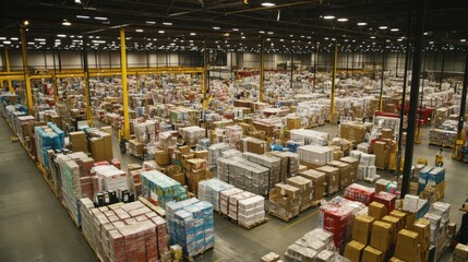 An expansive industrial warehouse packed with a diverse assortment of products and materials, illustrating the complexity and scale of global supply chains, photography style