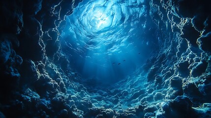 Sunlight shines through the water above, illuminating a rocky underwater cave.
