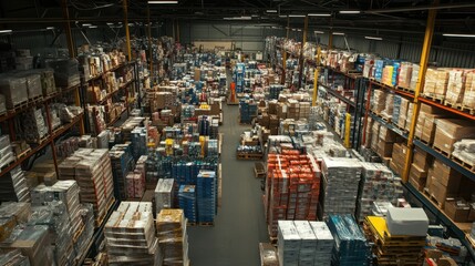 An expansive industrial warehouse packed with a diverse assortment of products and materials, illustrating the complexity and scale of global supply chains, photography style