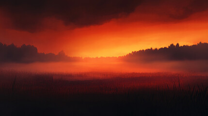Obraz premium A moody scene of a fog-covered field at sunset, with warm colors peeking through the mist.