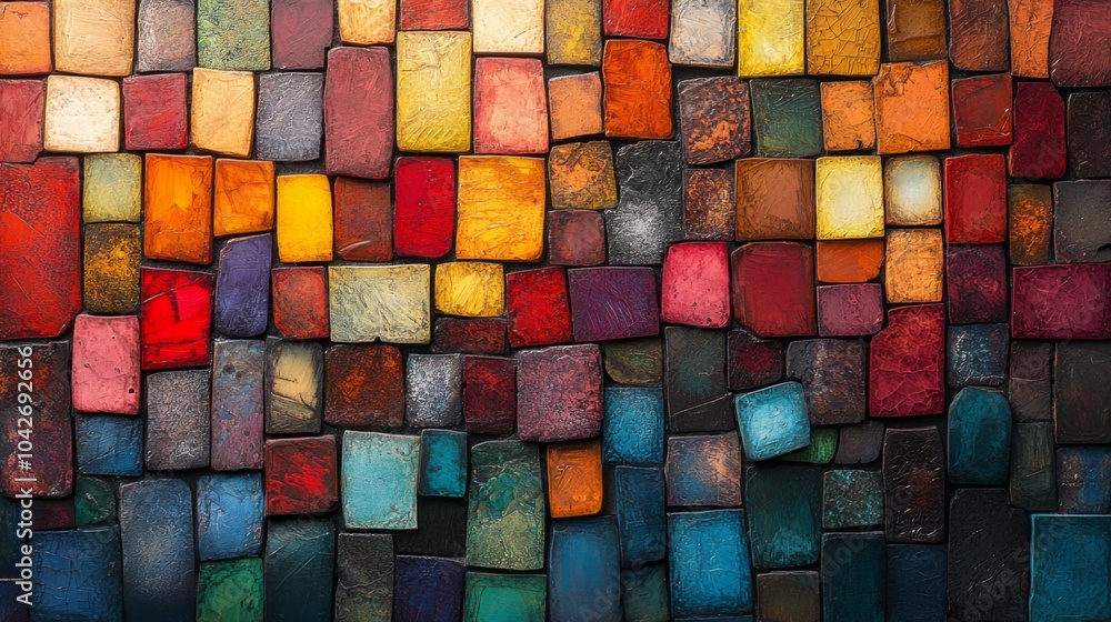 Aufkleber A beautiful assortment of colorful tiles forms a vibrant mosaic, highlighting a spectrum of hues at an art display in a well-lit gallery setting.