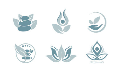 Naklejka premium Set of Wellness meditation spa icon logo leaf aura yoga concept 