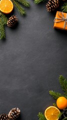 dark gray background with Christmas decorations around the edges, including presents and pine cones