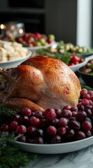Delicious Thanksgiving Feast Featuring a Golden Brown Turkey Surrounded by Fresh Cranberries