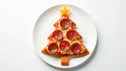 Christmas tree-shaped pizza on a white plate on a white background. Christmas and holiday food concept. Design for greeting card, banner, poster