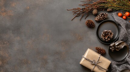 dark gray background with Christmas decorations around the edges, including presents and pine cones
