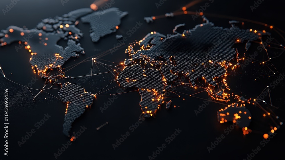 Poster connected world map with dark background highlighting global networks and digital connectivity