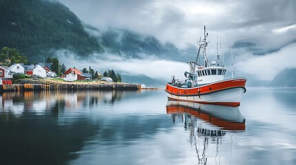 A fishing boat sits at anchor in a quiet fjord, with a small village nestled in the hills beyond. The water is calm and reflective, and the sky is overcast.