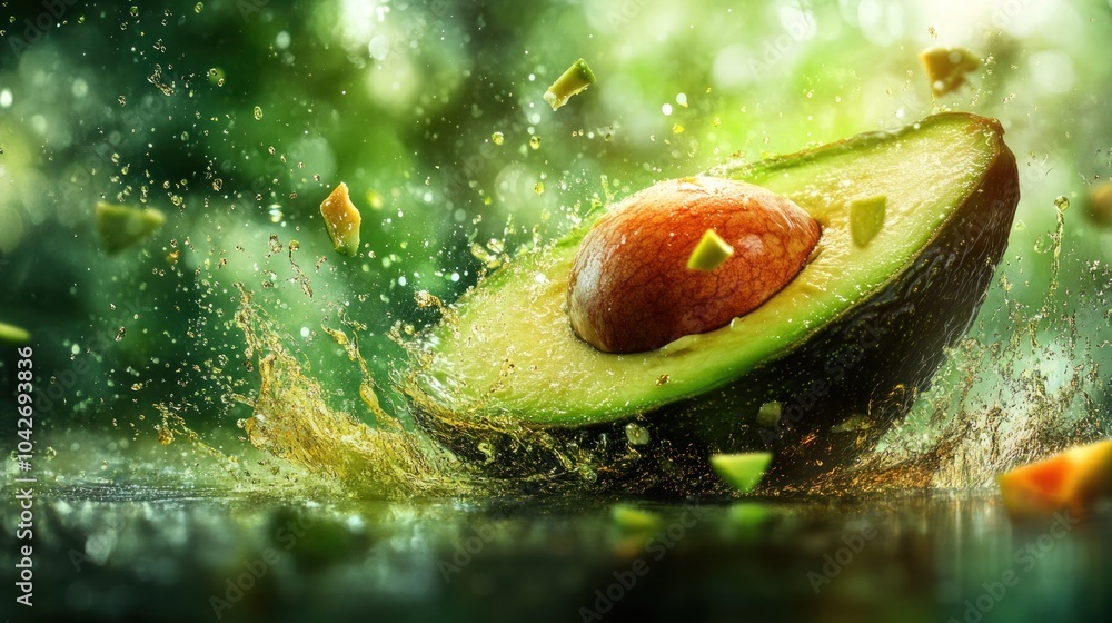Poster a halved avocado with a pit and pieces of avocado flying in the air, splashed with water droplets in