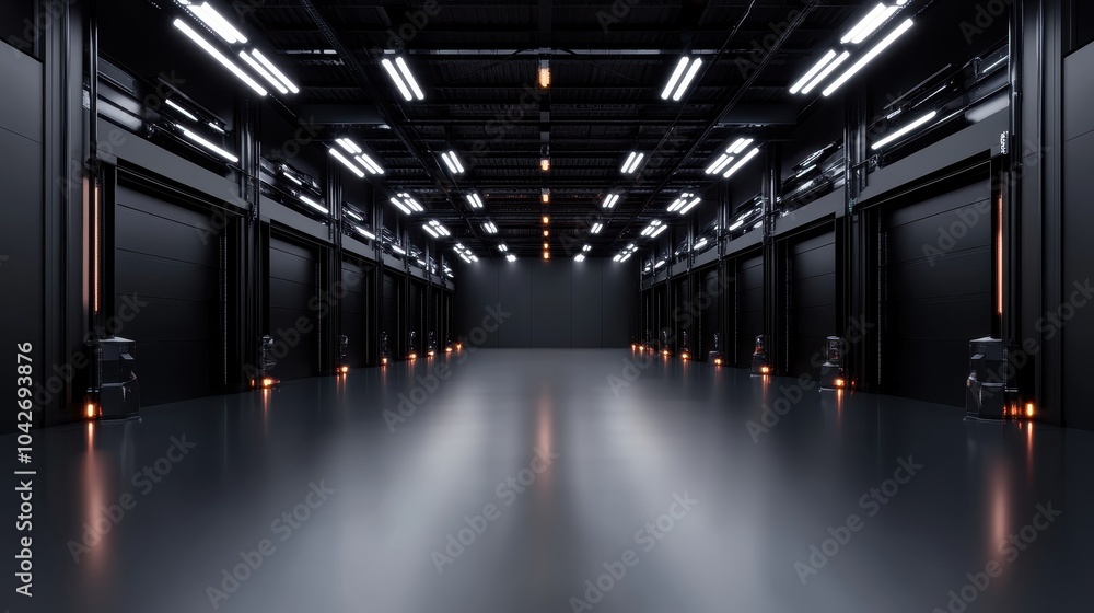 Poster stunning three dimensional render of a dark empty warehouse showcasing ai-generated architecture and