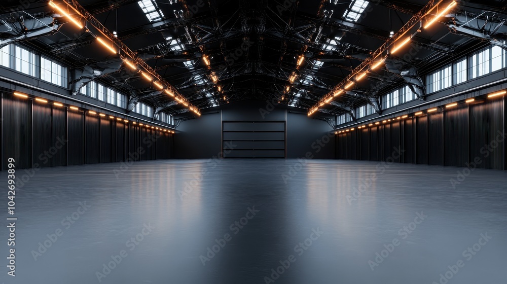 Poster three-dimensional render of a dark empty warehouse created by ai a photorealistic visualization of i