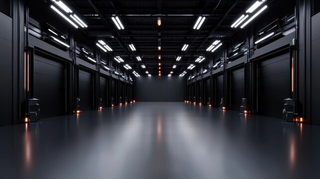 Stunning Three Dimensional Render of a Dark Empty Warehouse Showcasing AI-Generated Architecture and Design Elements