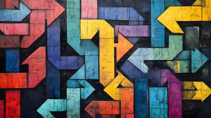 Abstract Artwork with Interlocking Arrows and Colorful Wooden Panels