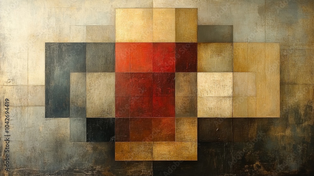 Poster this artwork showcases a composition of geometric shapes arranged in a harmonious blend of reds, gol