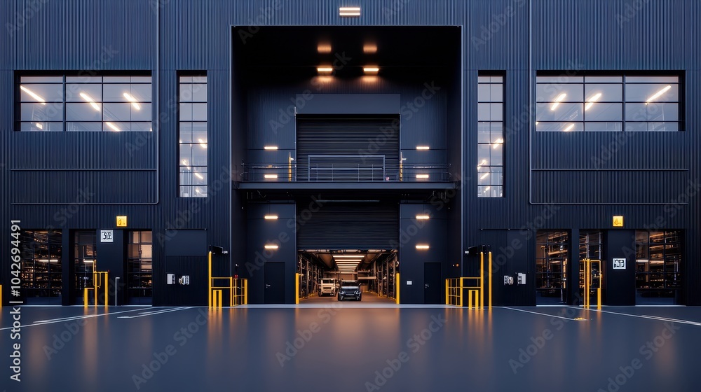 Poster exploring the interior of a large industrial building with an open door highlighting its architectur