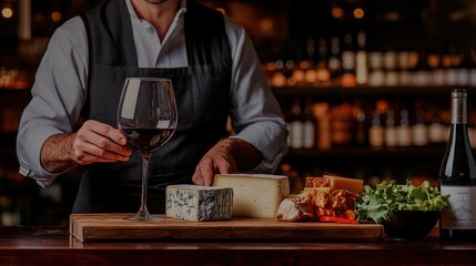 A server presents a selection of cheeses with a glass of red wine in a cozy setting.